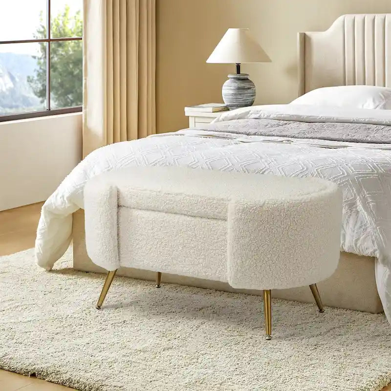 Banc de rangement ovale en sherpa avec pieds en métal doré, multicolore