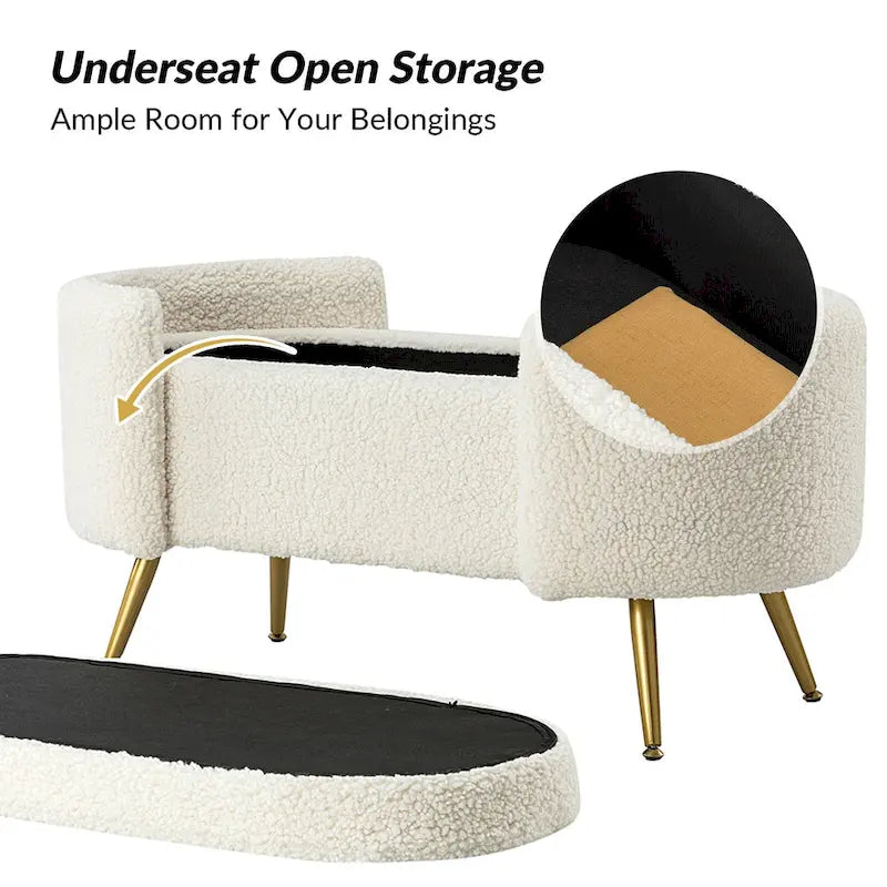 Banc de rangement ovale en sherpa avec pieds en métal doré, multicolore