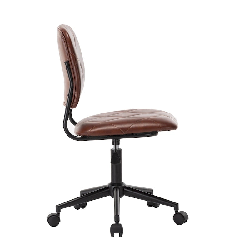 Chaise de Bureau Pivotante sans Accoudoirs en Similicuir Matelassé avec Roulettes, Réglable en Hauteur, Marron