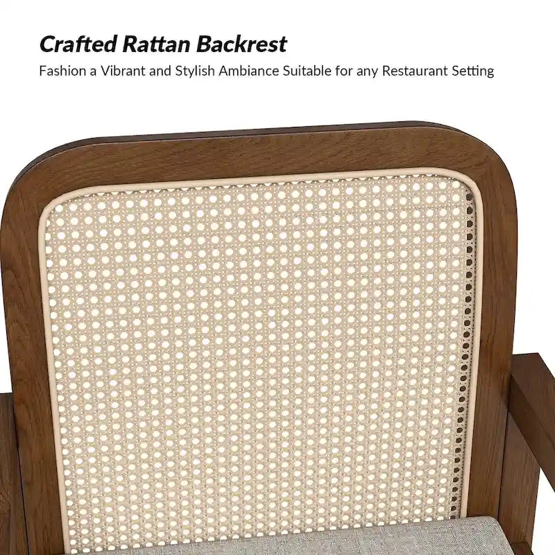 Chaise de salle à manger moderne avec dossier en rotin, coussin amovible en lin et cadre en bois d'hévéa