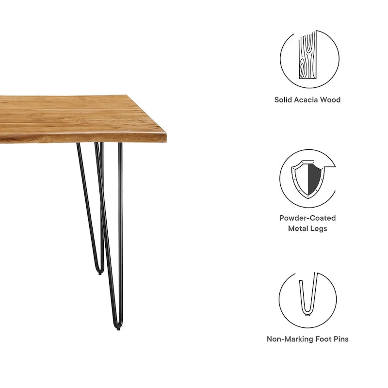 Table à manger rectangulaire en bois d'acacia massif avec pieds épingles noirs